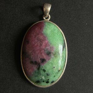 Ruby Zoisite Pendant Sterling Silver Stamped Oval Stone - 1 1/2"